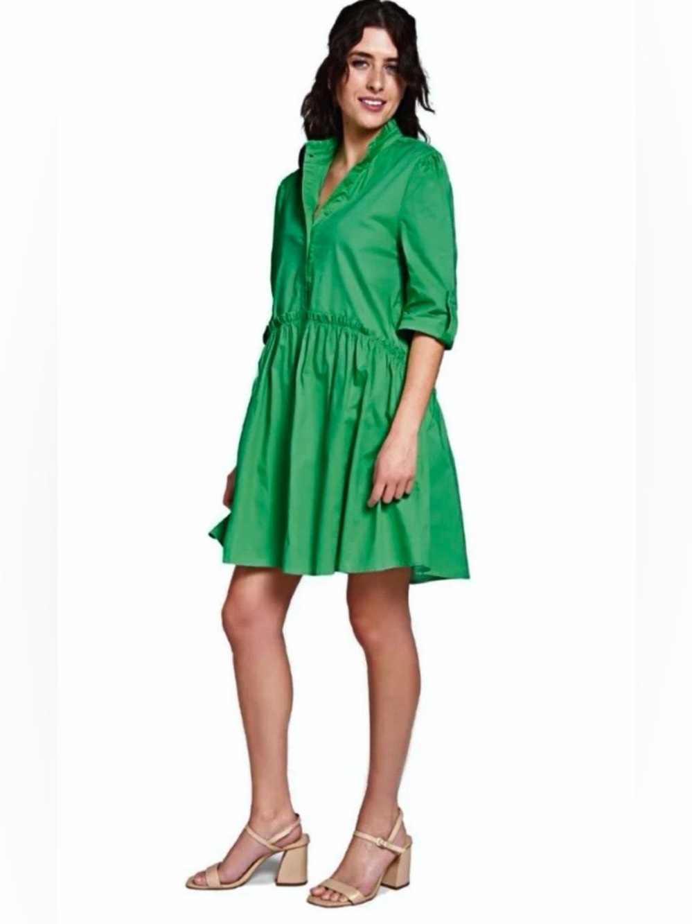 LN $180 WOMENS SMALL (bust 38”) TAYLOR TILLMAN CAMMIE RUFFLE SHIRT DRESS GREEN